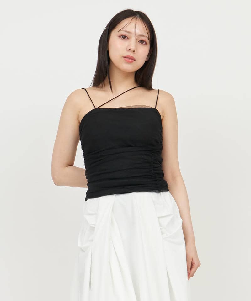 パット付ギャザーチュールレイヤードキャミソール 詳細画像 ブラック 1