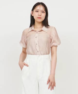 パフスリーブラインストーンシアーブラウス