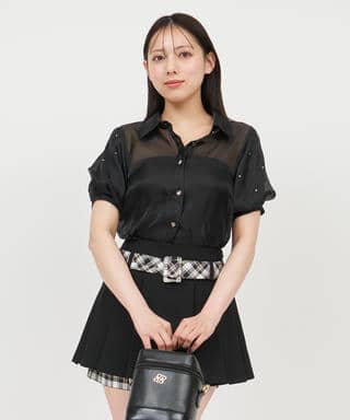 パフスリーブラインストーンシアーブラウス