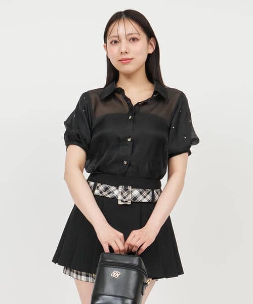 パフスリーブラインストーンシアーブラウス 詳細画像