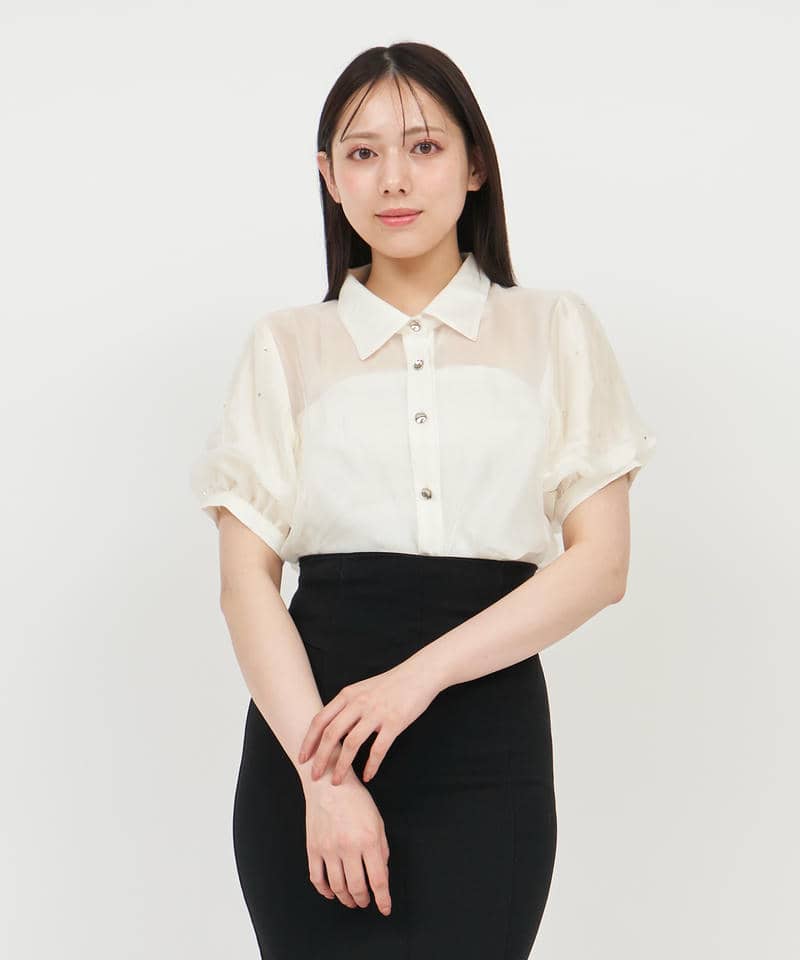 パフスリーブラインストーンシアーブラウス 詳細画像 オフホワイト 1
