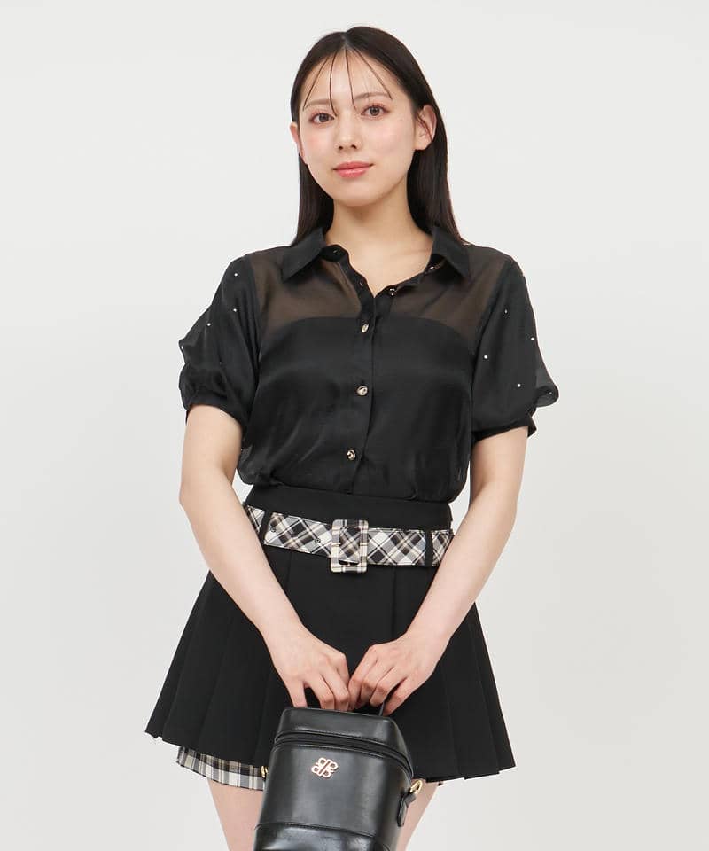 パフスリーブラインストーンシアーブラウス 詳細画像 ブラック 1