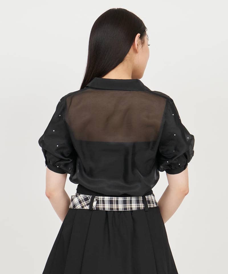 パフスリーブラインストーンシアーブラウス 詳細画像 ブラック 3