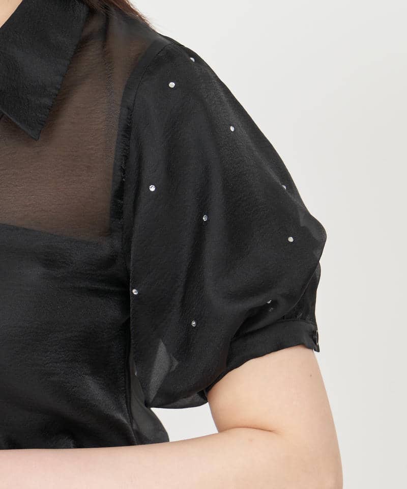パフスリーブラインストーンシアーブラウス 詳細画像 ブラック 5