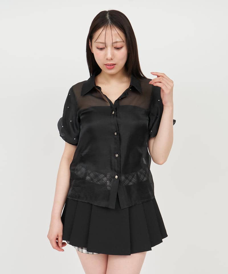 パフスリーブラインストーンシアーブラウス 詳細画像 ブラック 7