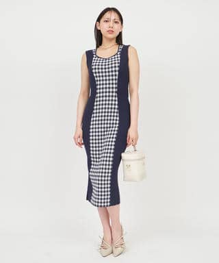 ギンガムチェックシェイプアップノースリーブニットタイトワンピース