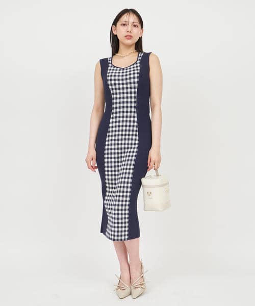 ギンガムチェックシェイプアップノースリーブニットタイトワンピース 詳細画像