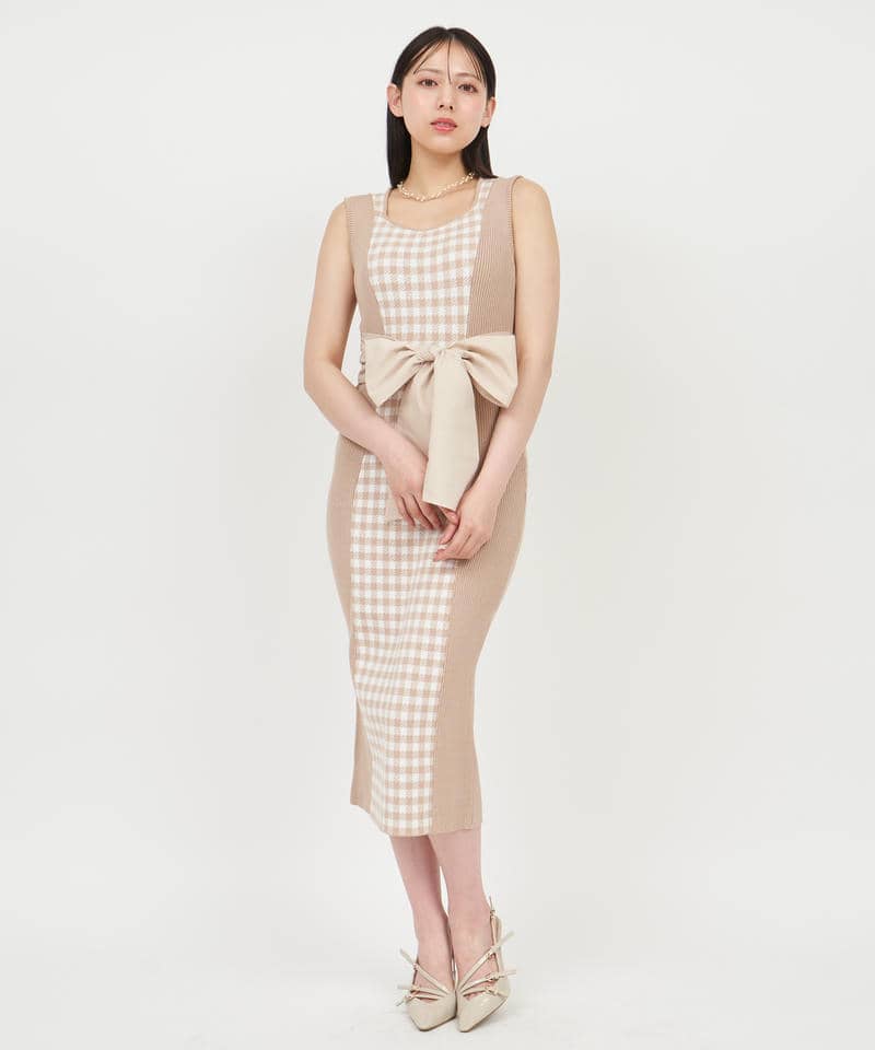 ギンガムチェックシェイプアップノースリーブニットタイトワンピース 詳細画像 ベージュ 1