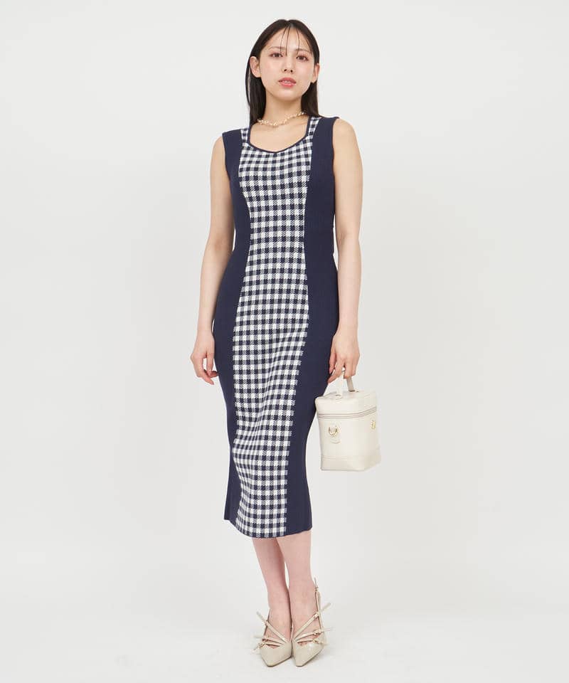 ギンガムチェックシェイプアップノースリーブニットタイトワンピース 詳細画像 ネイビー 1