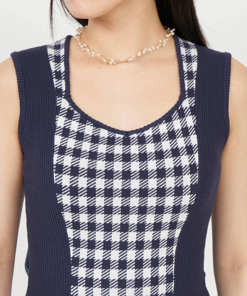 ギンガムチェックシェイプアップノースリーブニットタイトワンピース 詳細画像 ネイビー 4