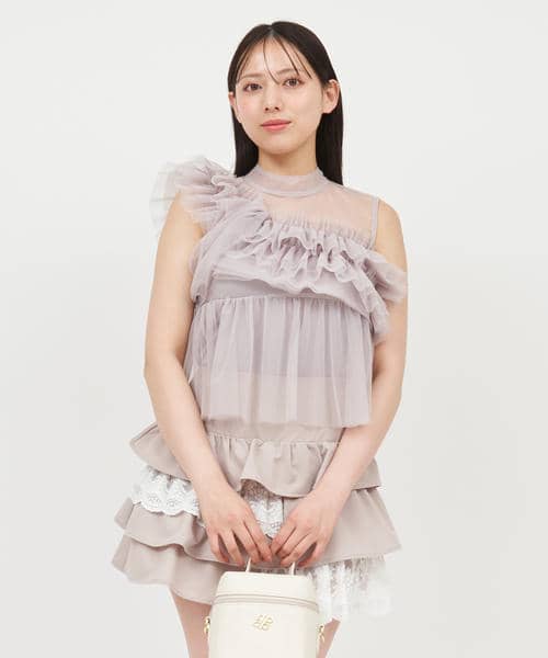 アシンメトリーフリルチュールトップス 詳細画像