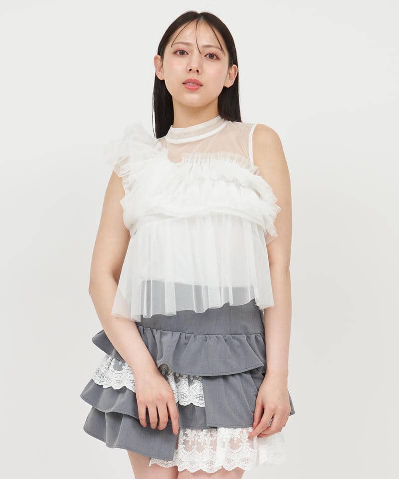 アシンメトリーフリルチュールトップス 詳細画像 オフホワイト 1