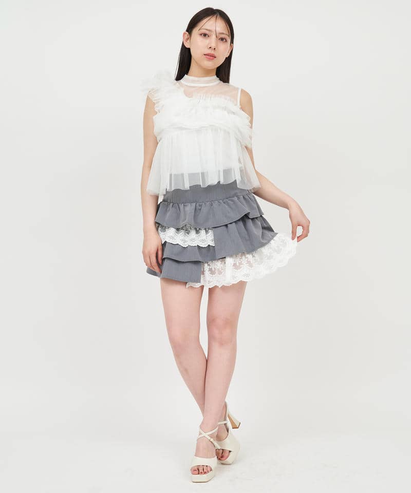 アシンメトリーフリルチュールトップス 詳細画像 オフホワイト 2