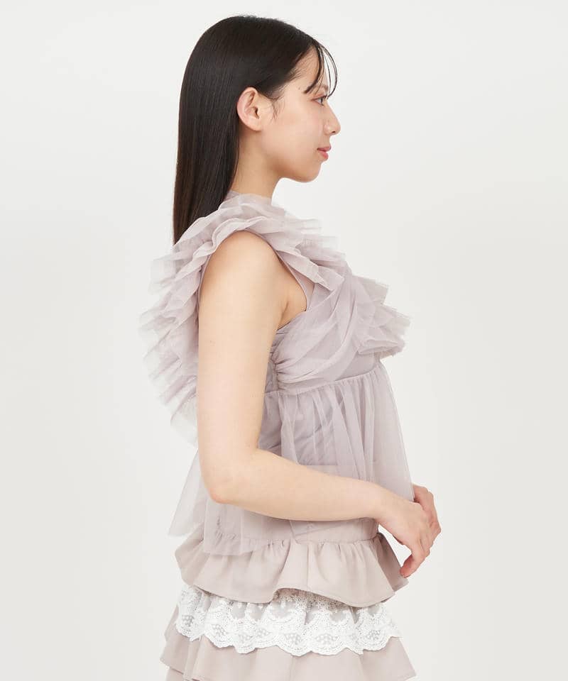 アシンメトリーフリルチュールトップス 詳細画像 ベージュ 2