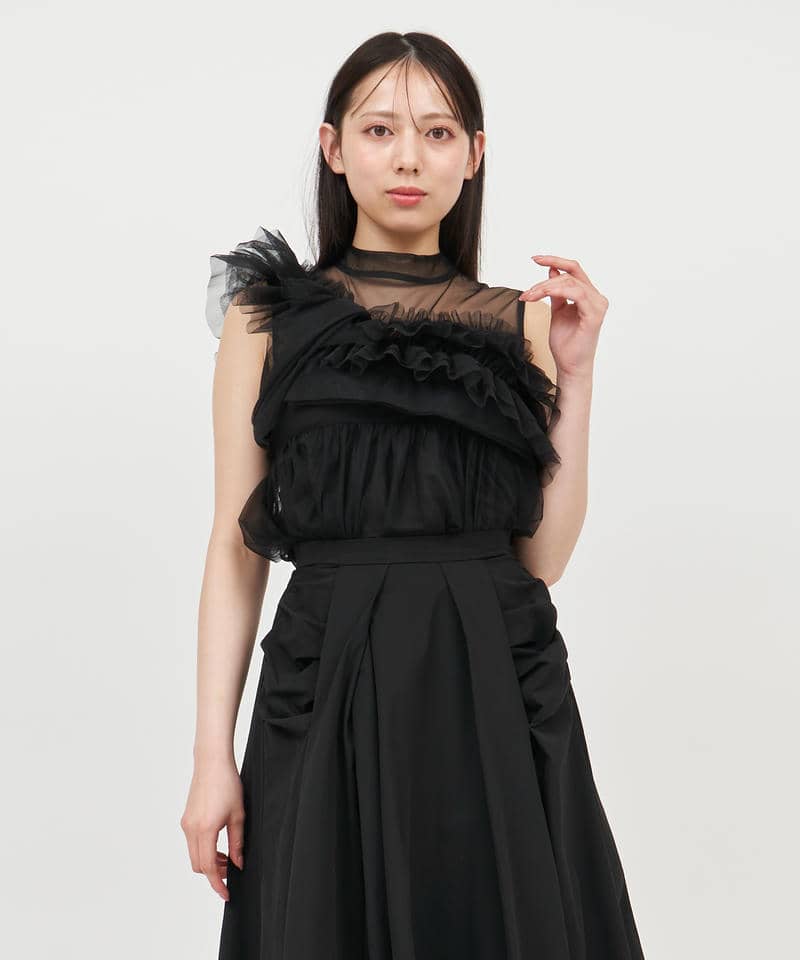 アシンメトリーフリルチュールトップス 詳細画像 ブラック 1