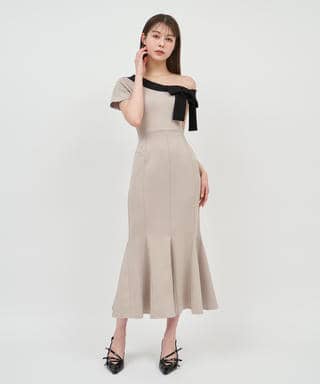 【丈が選べる】ワンショルリボン配色マーメイドワンピース