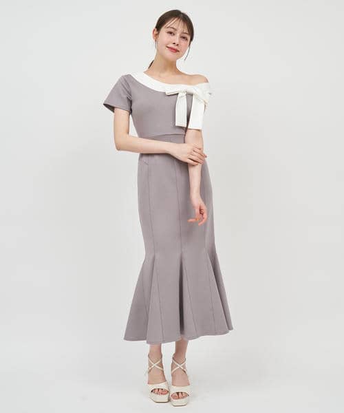 【丈が選べる】ワンショルリボン配色マーメイドワンピース 詳細画像