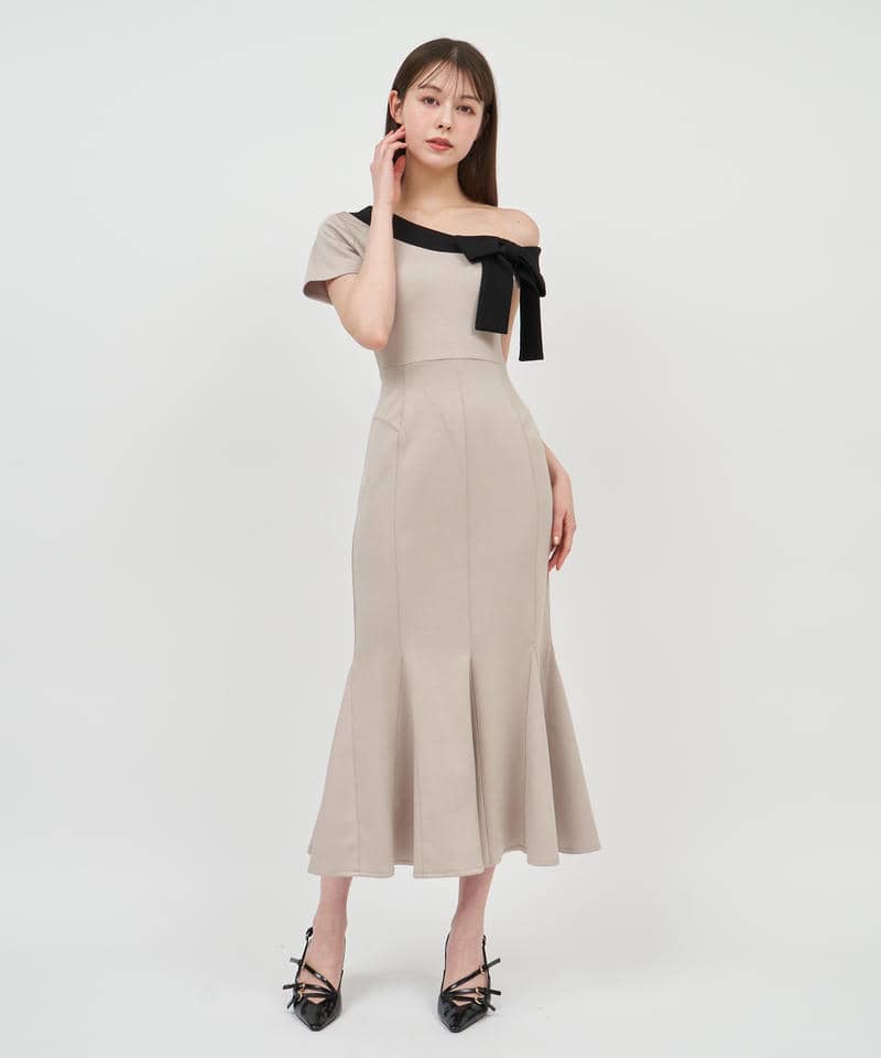 【丈が選べる】ワンショルリボン配色マーメイドワンピース 詳細画像 ベージュ 1