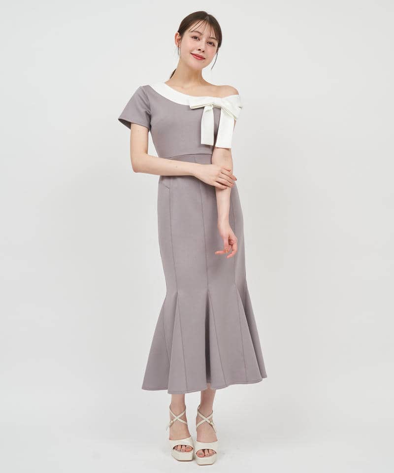 【丈が選べる】ワンショルリボン配色マーメイドワンピース 詳細画像 グレー 1