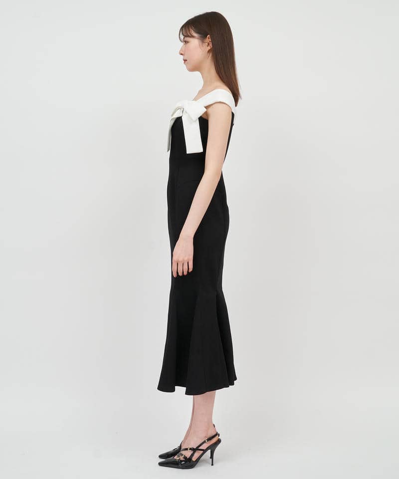 【丈が選べる】ワンショルリボン配色マーメイドワンピース 詳細画像 ブラック 2