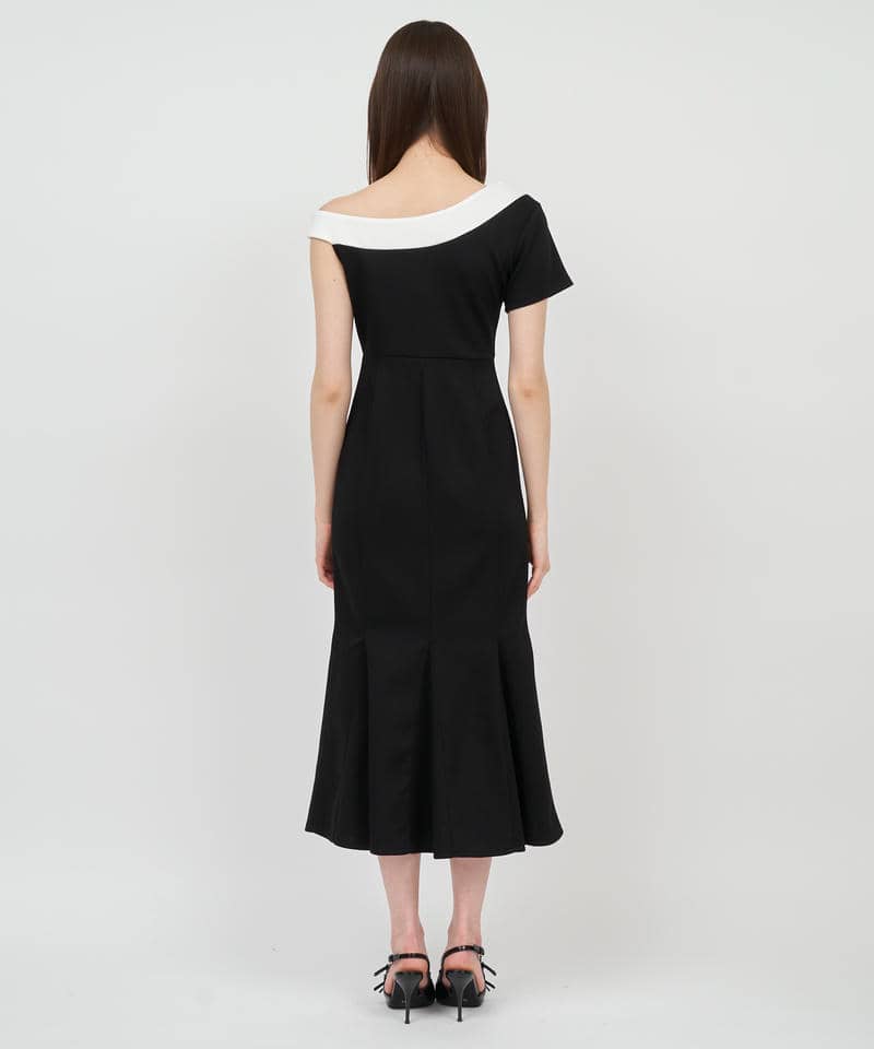 【丈が選べる】ワンショルリボン配色マーメイドワンピース 詳細画像 ブラック 3