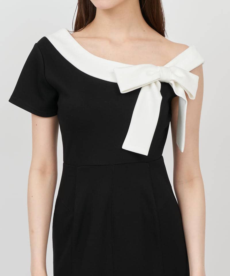 【丈が選べる】ワンショルリボン配色マーメイドワンピース 詳細画像 ブラック 4