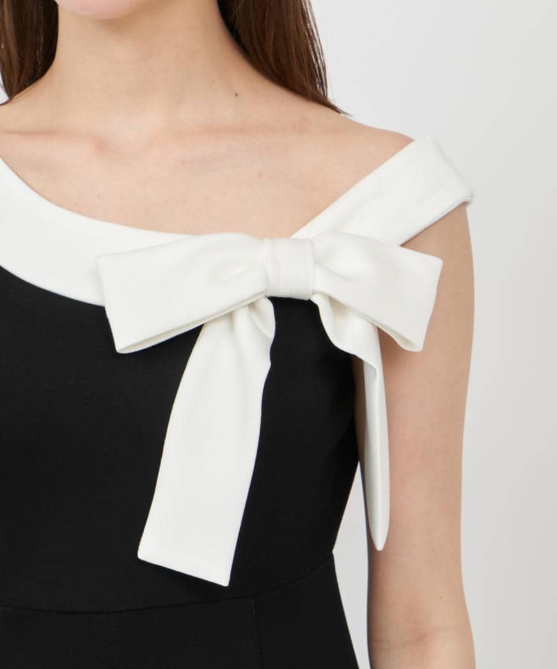 【丈が選べる】ワンショルリボン配色マーメイドワンピース 詳細画像 ブラック 5