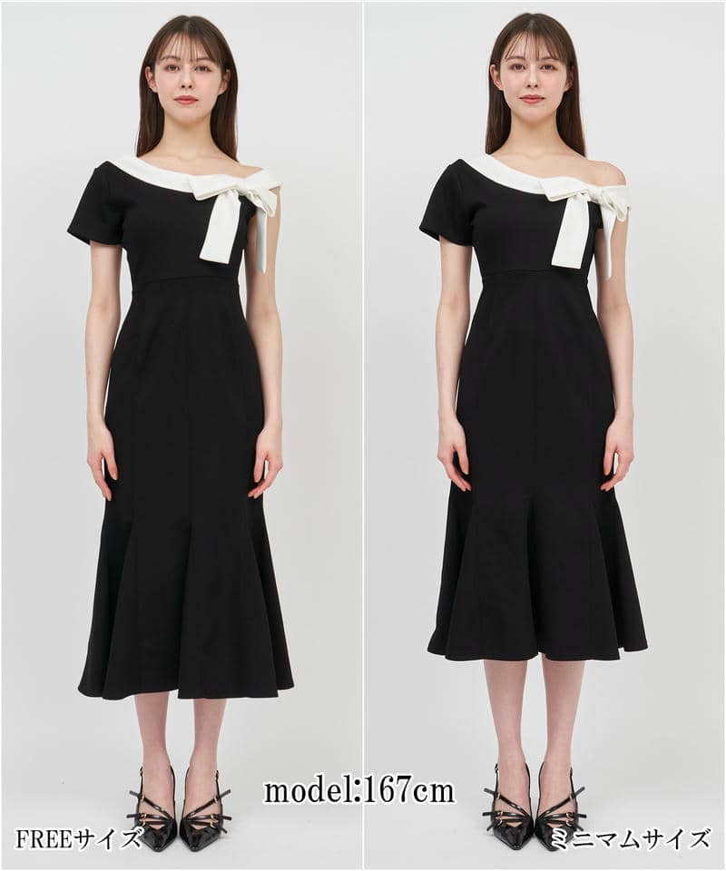 【丈が選べる】ワンショルリボン配色マーメイドワンピース 詳細画像 ブラック 7