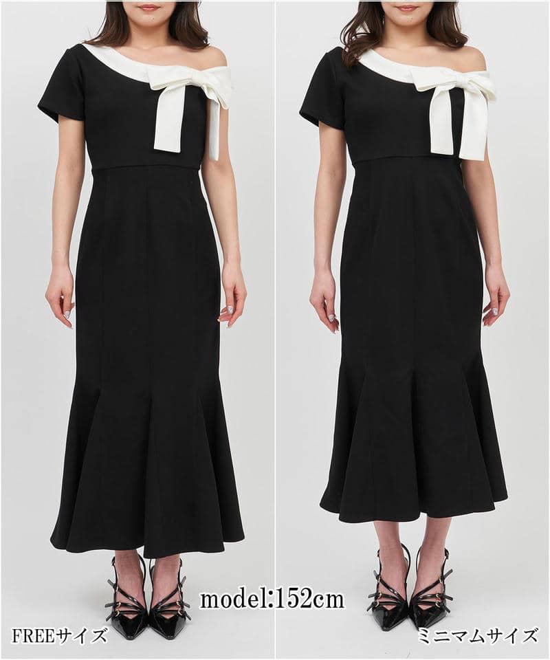 【丈が選べる】ワンショルリボン配色マーメイドワンピース 詳細画像 ブラック 8