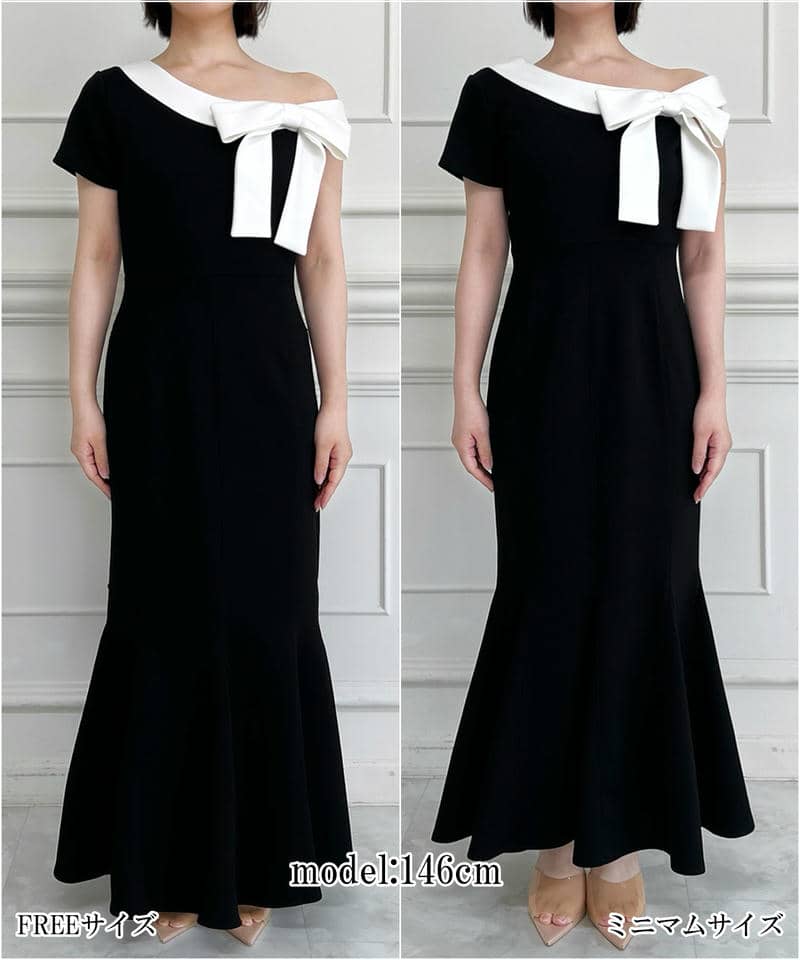 【丈が選べる】ワンショルリボン配色マーメイドワンピース 詳細画像 ブラック 9