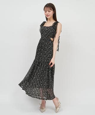 【丈が選べる】フラワープリントカットアウトキャミフレアワンピース