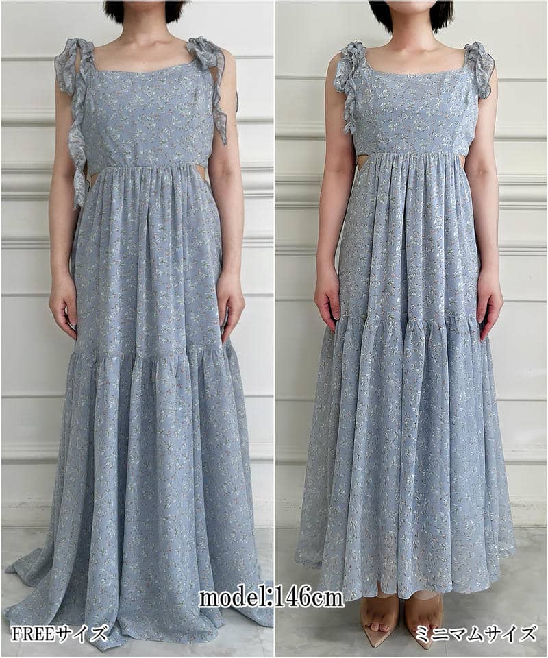 【丈が選べる】フラワープリントカットアウトキャミフレアワンピース 詳細画像 ブルー 11