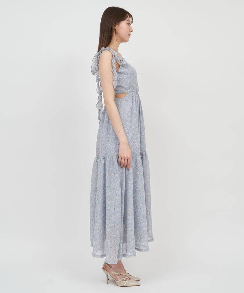 【丈が選べる】フラワープリントカットアウトキャミフレアワンピース 詳細画像 ブルー 2