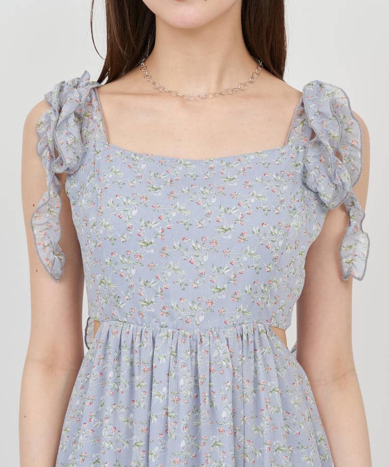 【丈が選べる】フラワープリントカットアウトキャミフレアワンピース 詳細画像 ブルー 4