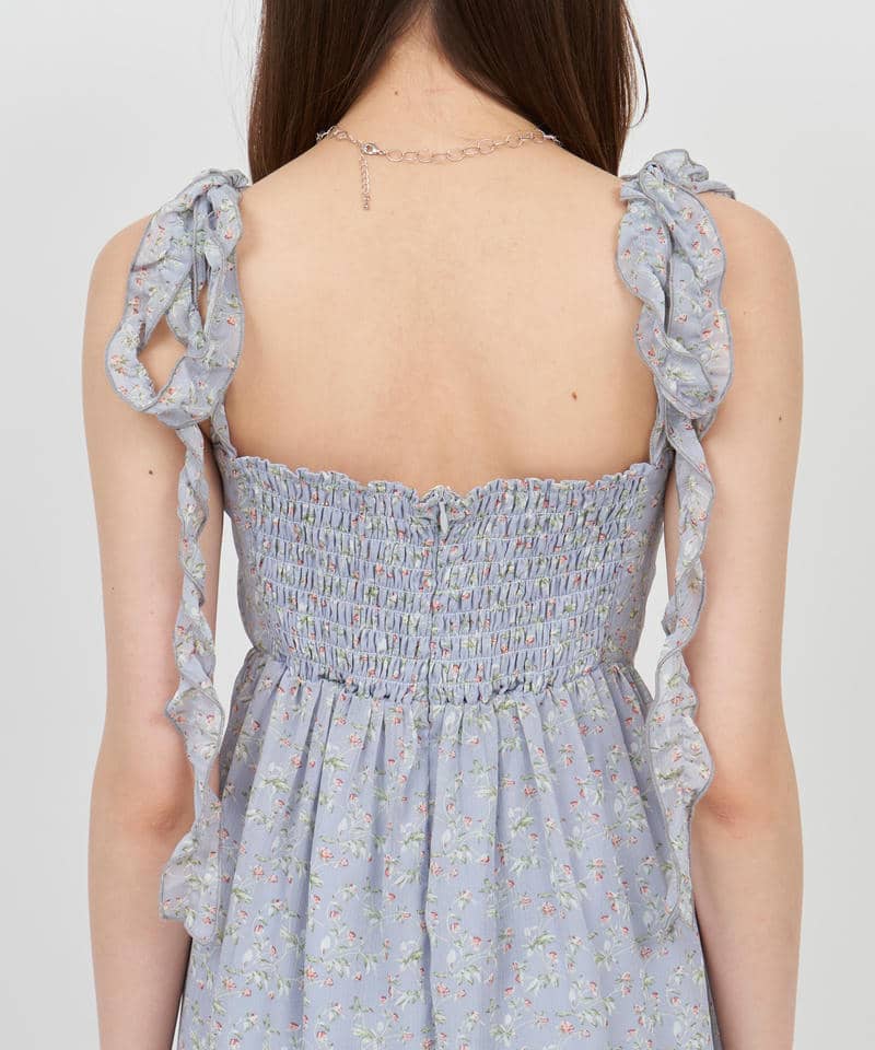 【丈が選べる】フラワープリントカットアウトキャミフレアワンピース 詳細画像 ブルー 5