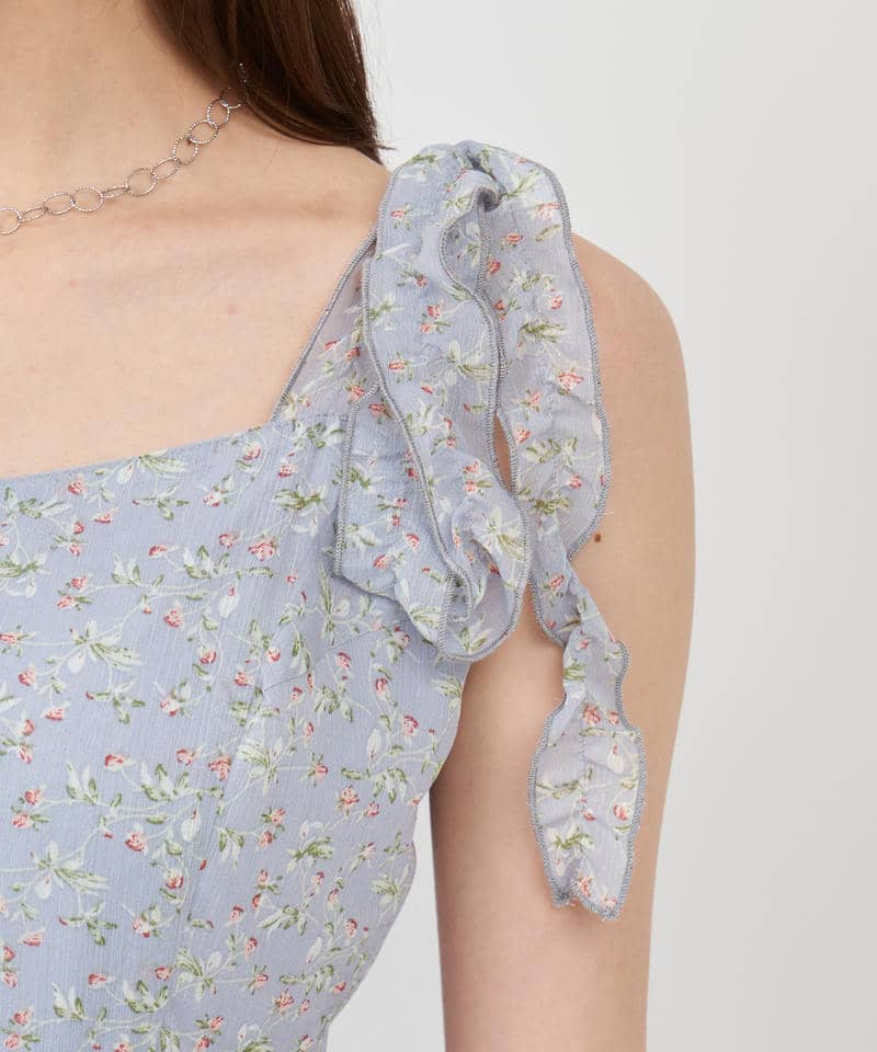 【丈が選べる】フラワープリントカットアウトキャミフレアワンピース 詳細画像 ブルー 6