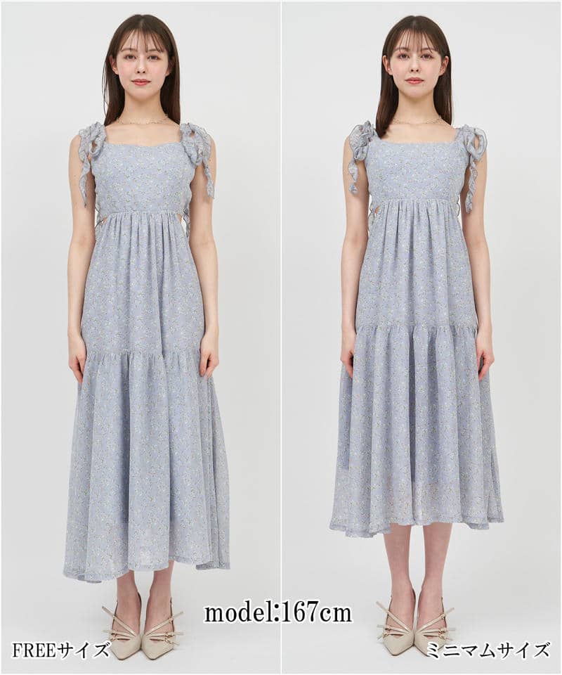 【丈が選べる】フラワープリントカットアウトキャミフレアワンピース 詳細画像 ブルー 9