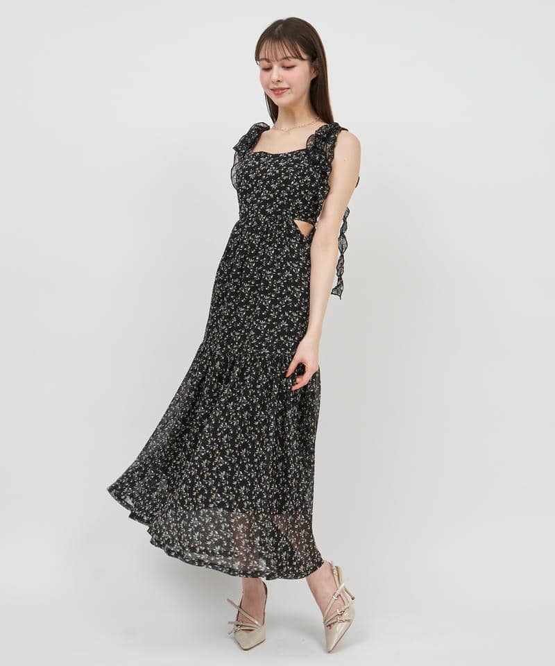 【丈が選べる】フラワープリントカットアウトキャミフレアワンピース 詳細画像 ブラック 1