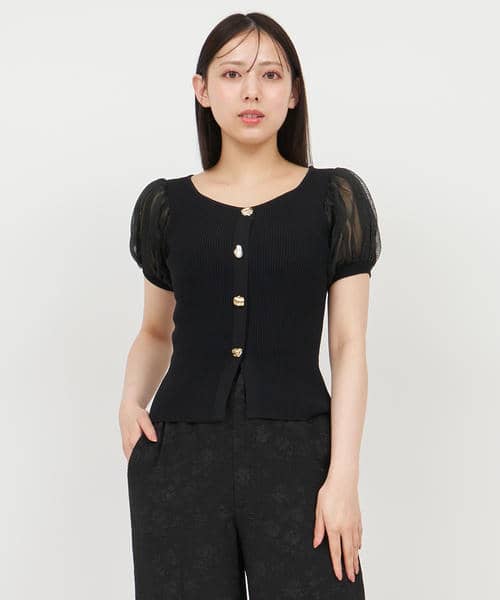 シアースリーブマルチボタンニットトップス 詳細画像