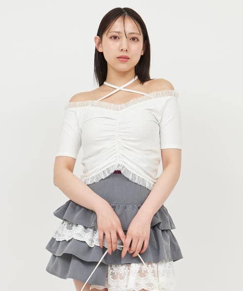 チュール使いオフショルギャザートップス 詳細画像