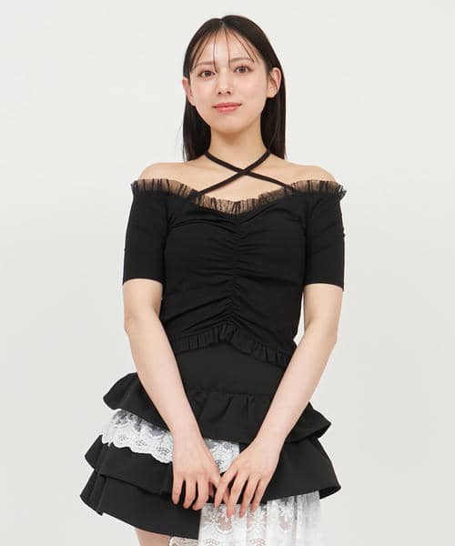 チュール使いオフショルギャザートップス 詳細画像