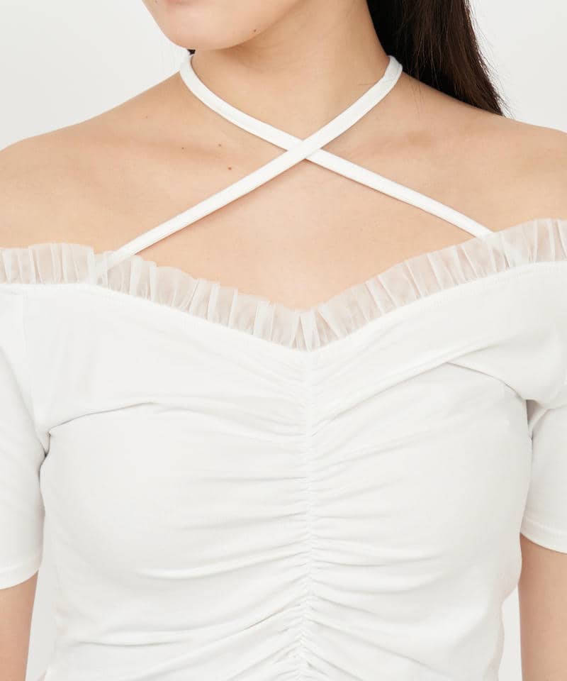 チュール使いオフショルギャザートップス 詳細画像 オフホワイト 4