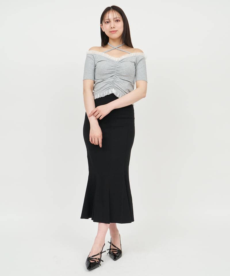 チュール使いオフショルギャザートップス 詳細画像 グレー 2