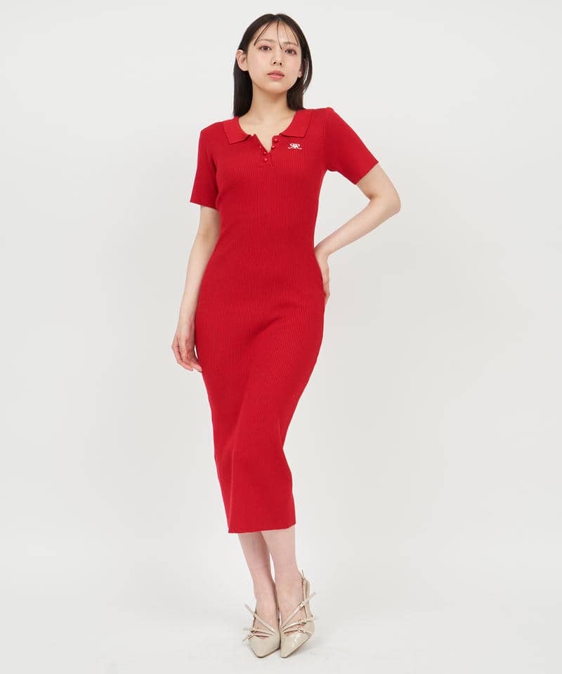 ポロ衿ロゴ刺しゅうニットワンピース 詳細画像 レッド 1