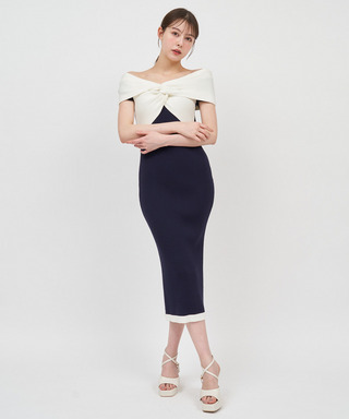 配色ツイストニットタイトワンピース