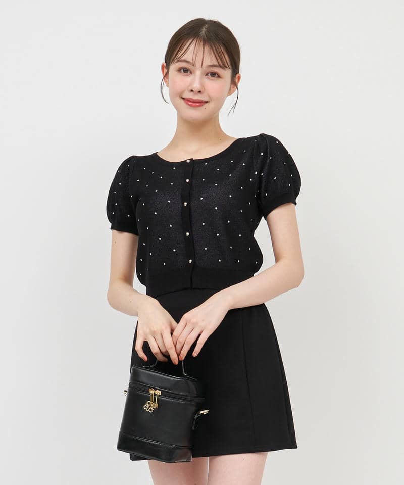 ドットジャガードパフスリーブ半袖ニットトップス 詳細画像 ブラック 1