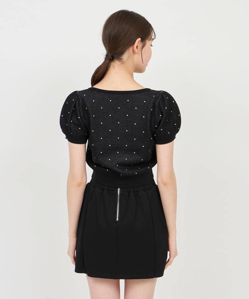 ドットジャガードパフスリーブ半袖ニットトップス 詳細画像 ブラック 3
