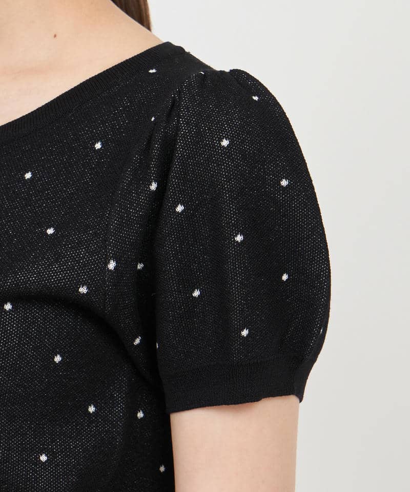 ドットジャガードパフスリーブ半袖ニットトップス 詳細画像 ブラック 5