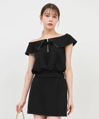 ハーフZIPオフショルカットトップス