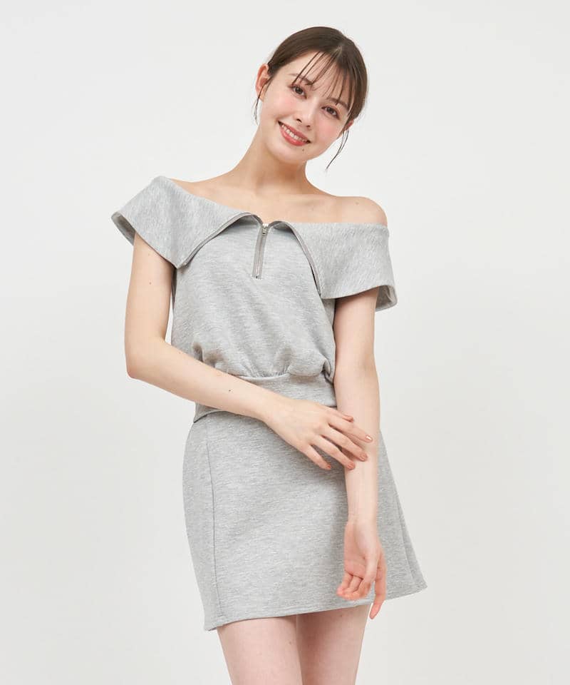 ハーフZIPオフショルカットトップス 詳細画像 グレー 1